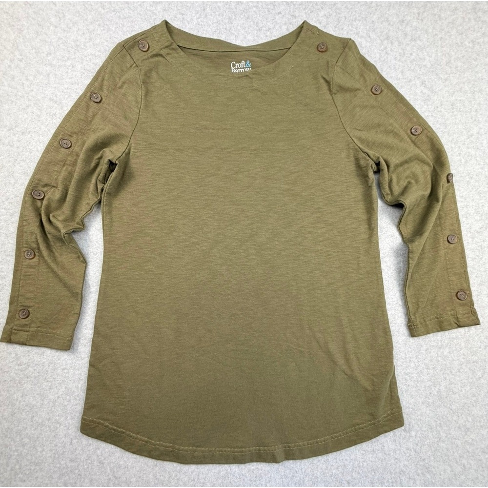 Croft & Barrow Womens Olive Green Slub Knit Button Sleeve Top Small 60086